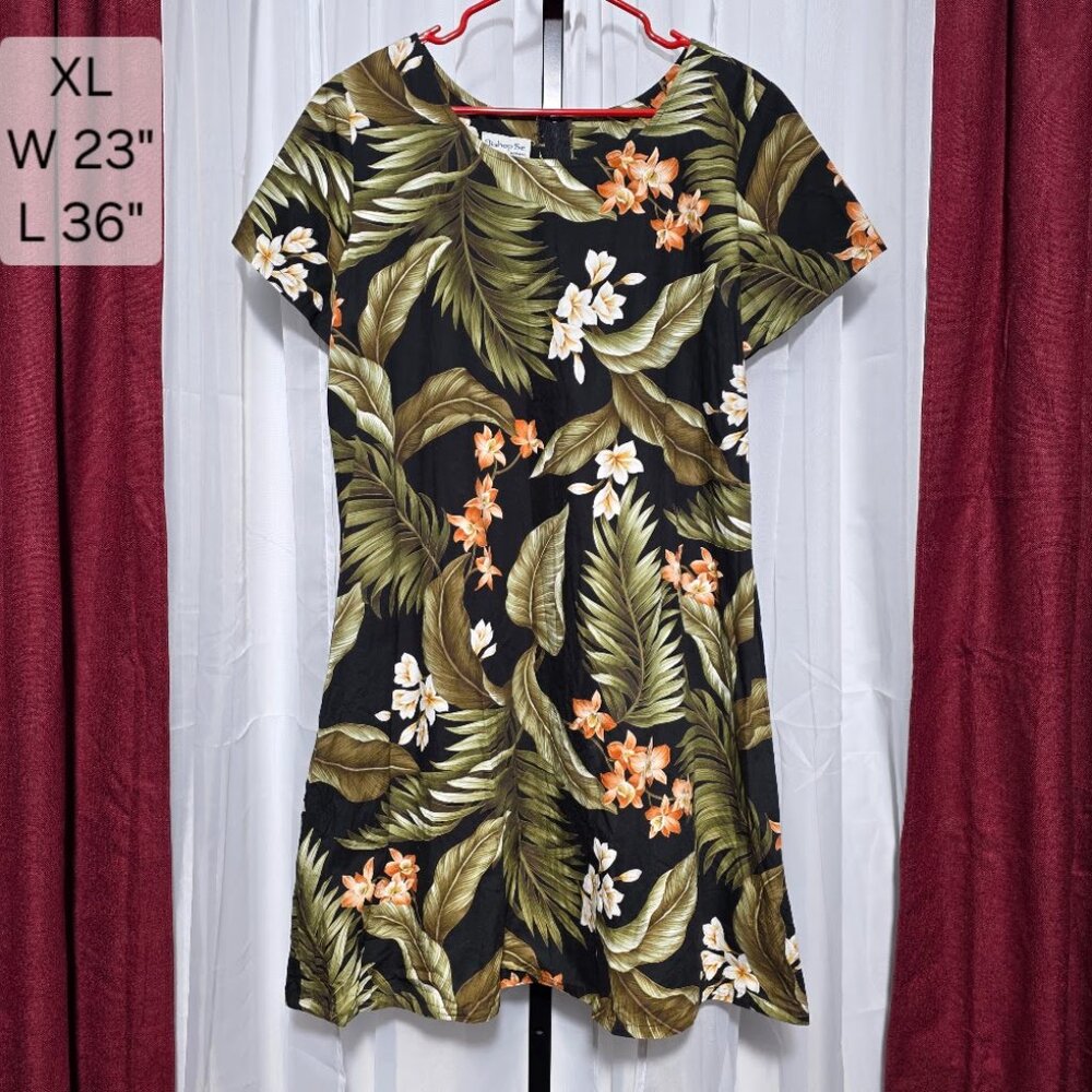 Vintage Bishop St Apparel Hawaiian Dress XL Black Floral Tropical Shift Cotton